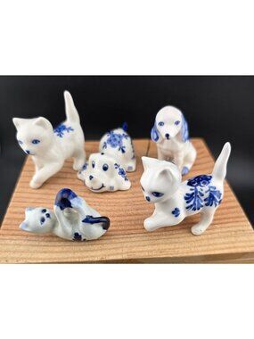 Set Of 5 Blue and White Ceramic Cats And Dogs Figurines With Floral Details